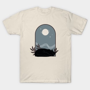 Sleepy cozy black cat with plants and night sky in vintage boho minimalist style T-Shirt